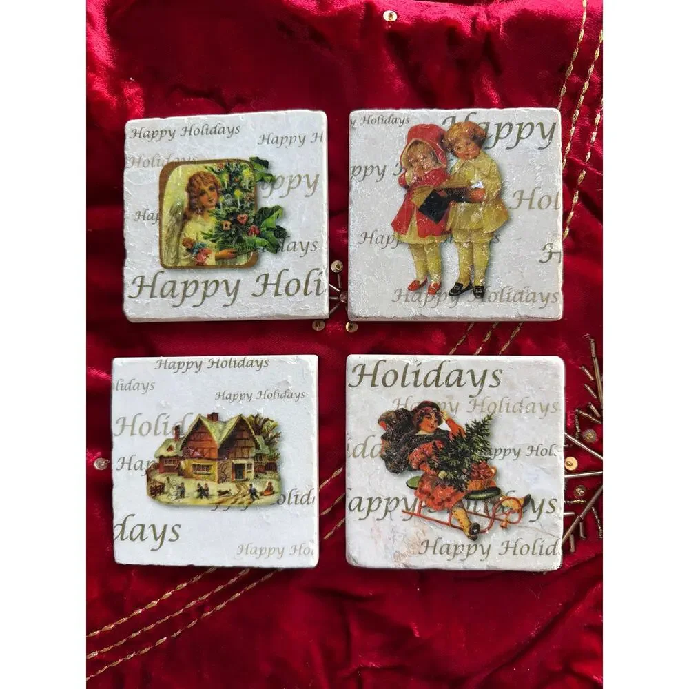 Studio Vertu Handmade Victorian Vintage Christmas 4” Coaster Set Made USA Gift